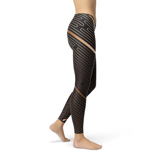 Women’s Brown Striped Sports Leggings High Waisted Workout Yoga Pants